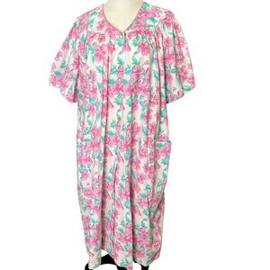 Kelly Reed House Dress‎ Women 24W Pink Floral Snap Front Short Sleeve Duster